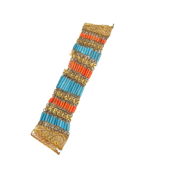 Egyptian Revival Antique Faience Coral and Turquoise Bracelets Art Deco, Estate - Picture 5 of 11